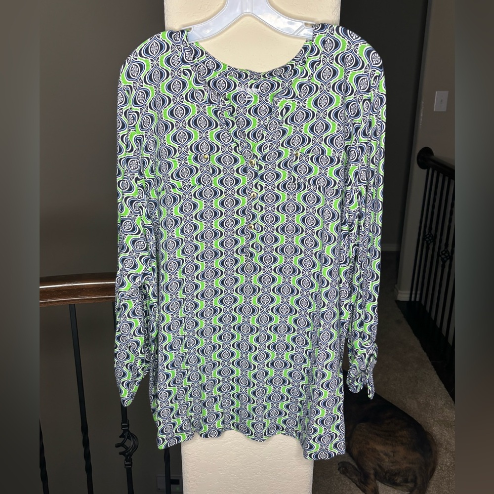 Kim Rogers Curvy Abstract Print Long Sleeve Size 3X Colorful Geometric Office